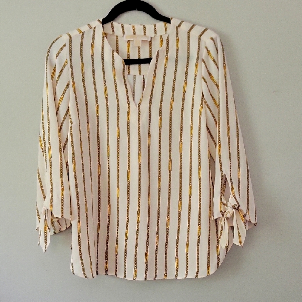 Michael Kors White Blouse with Gold and Brown Stripes